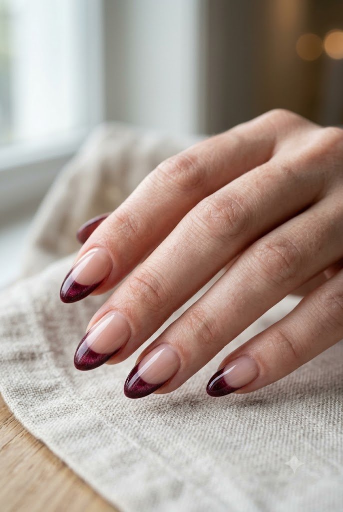Velvet burgundy French tip nails for fall 2026