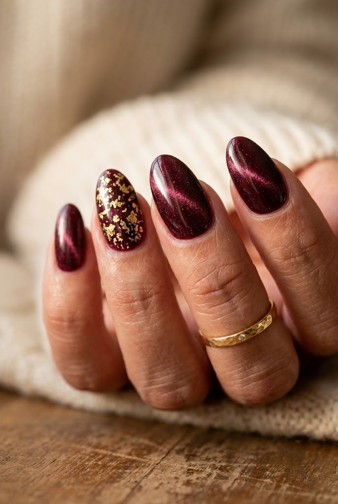 Velvet burgundy nails with gold foil flecks for the holidays