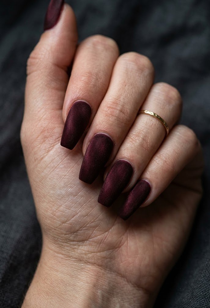 Matte velvet burgundy coffin nails, fall 2026