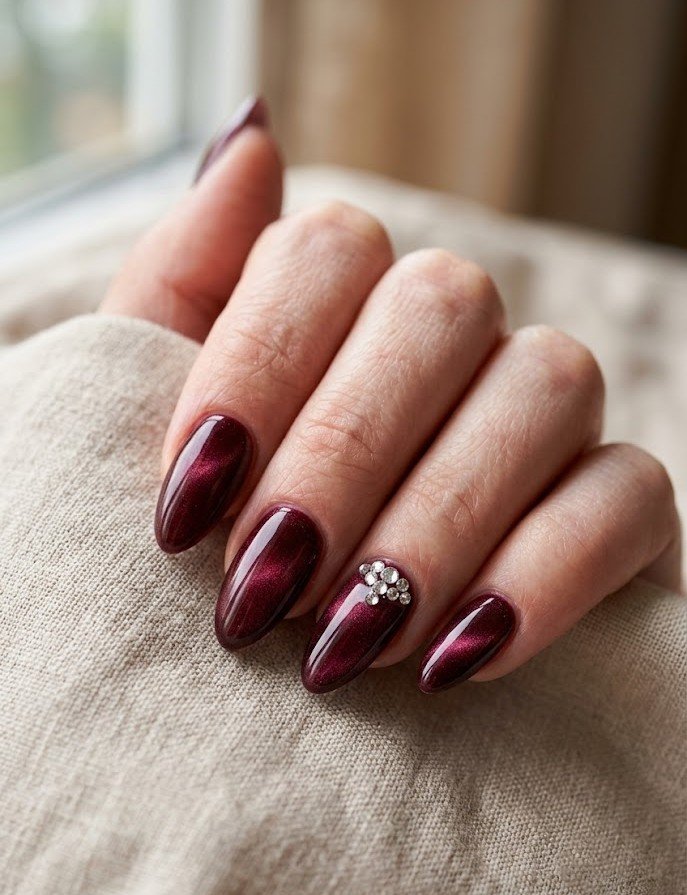 Velvet burgundy nails with rhinestone cuticle detail