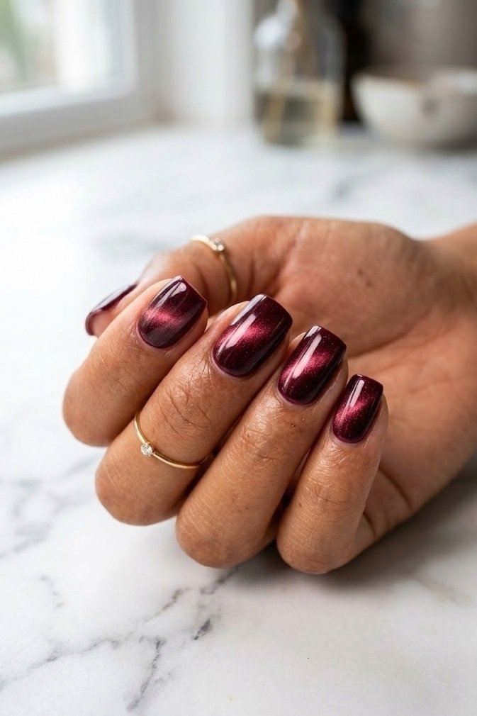 Deep burgundy wine velvet nails on short squoval nails with a pink-red center glow