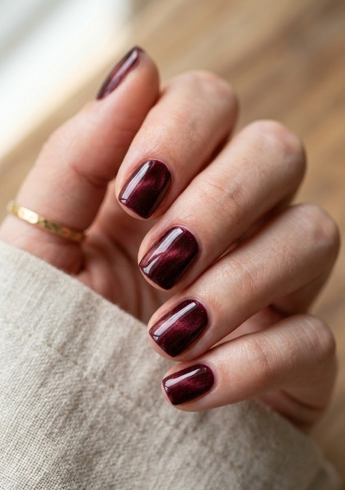 Short squoval velvet burgundy nails for everyday fall wear