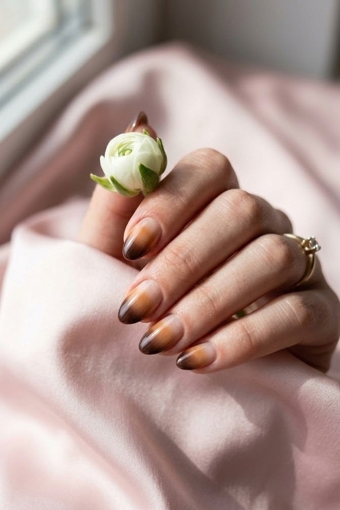 Caramel to chocolate ombre French tip on short almond nails