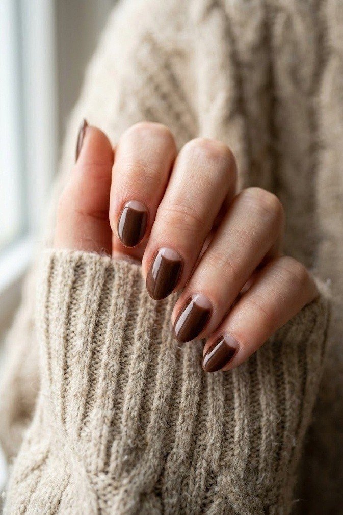 Caramel to chocolate reverse ombre moon on short almond nails