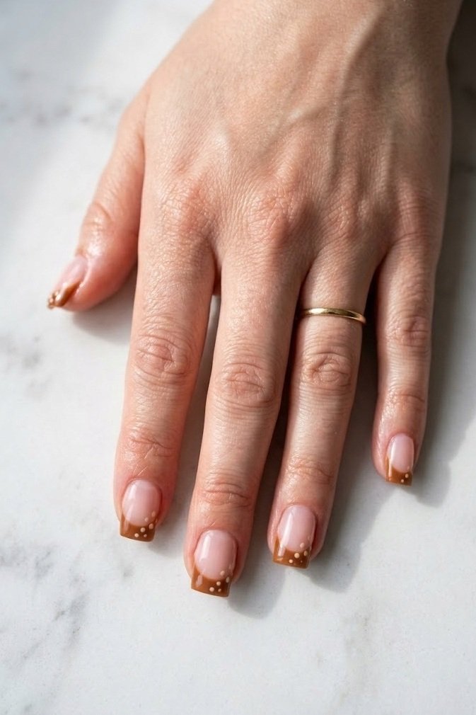 Caramel deer print French tip nails with tiny cream spots on short square nails over white marble