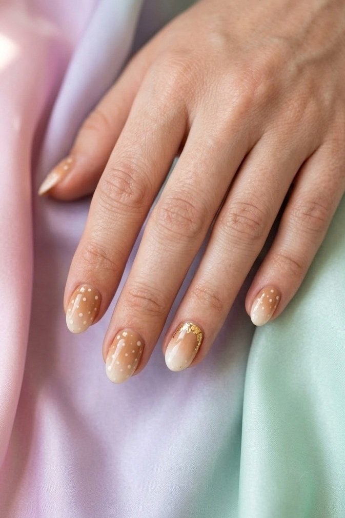 Caramel fawn nails with gold foil accent along the ring finger cuticle on pastel silk