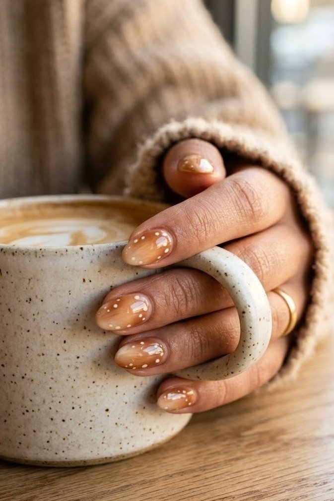 Caramel and cream deer print nails with ivory fawn spots on short almond nails held around a coffee cup