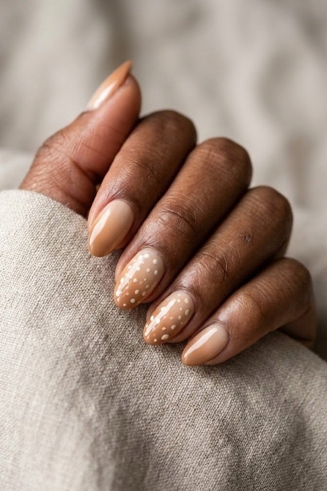 Caramel latte gradient nails with ivory fawn spot accents on two fingers, short almond shape on beige linen