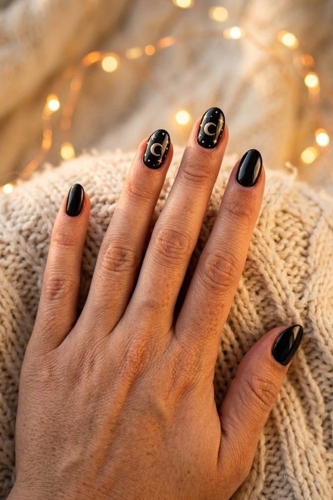 Short glossy black nails with tiny gold moon and star dots on two accent nails