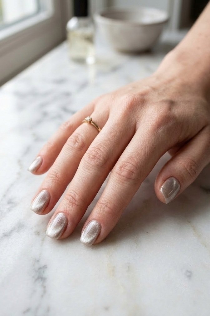 Champagne silver velvet nails on short squoval nails with a soft all over shimmer glow