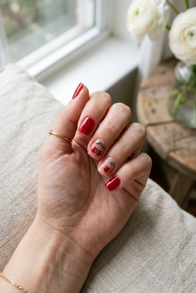 Cherry accent jelly nails