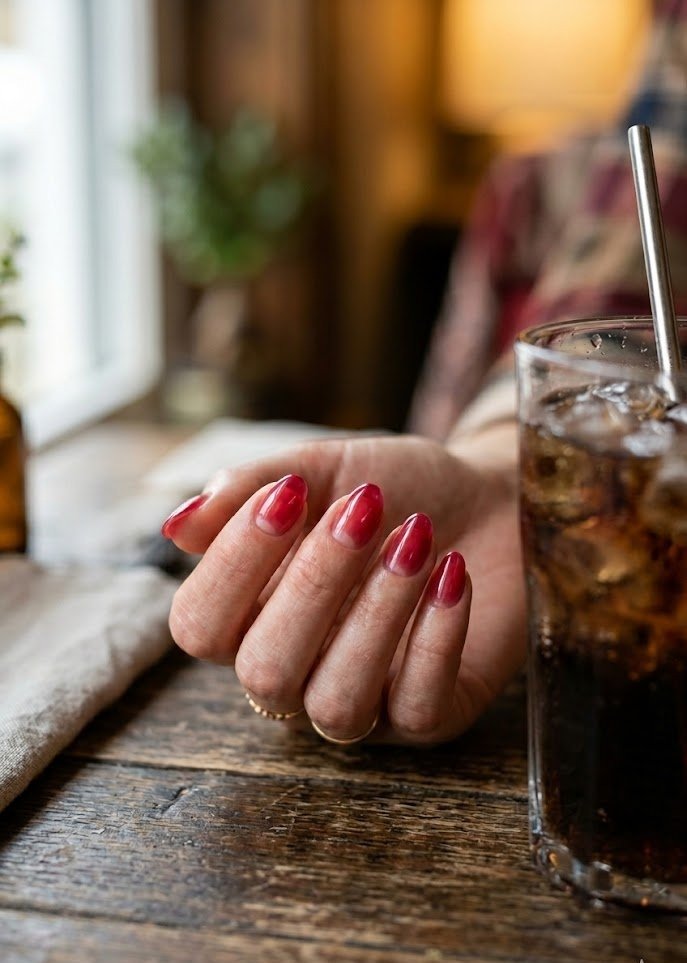 Sheer cherry-red jelly nails on short almond shape glowing in sunlight