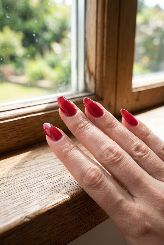 Short almond nails painted in sheer glossy cherry-red jelly gel