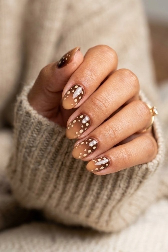 Chocolate fawn full set with cream spots in mixed sizes on short almond nails beside a knit sweater