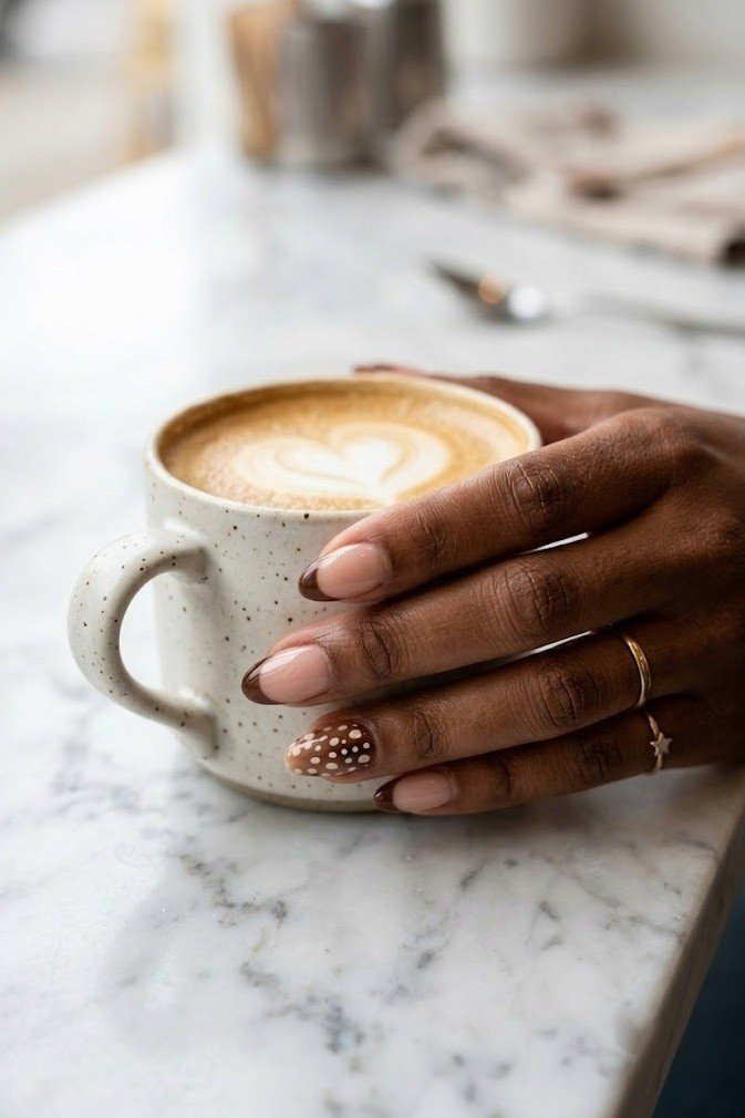 Chocolate French tip nails with one fawn print accent nail on the ring finger holding a coffee cup