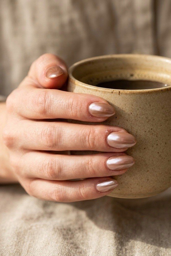 Chocolate French tips with a single chrome swirl on short almond nails