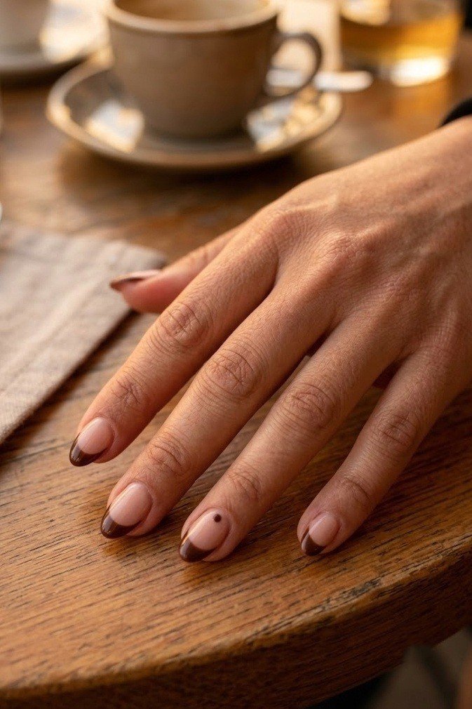 Chocolate French tip with a tiny cuticle dot on short almond nails