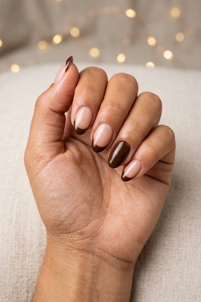 Chocolate French tips with one solid brown accent nail on short almond nails