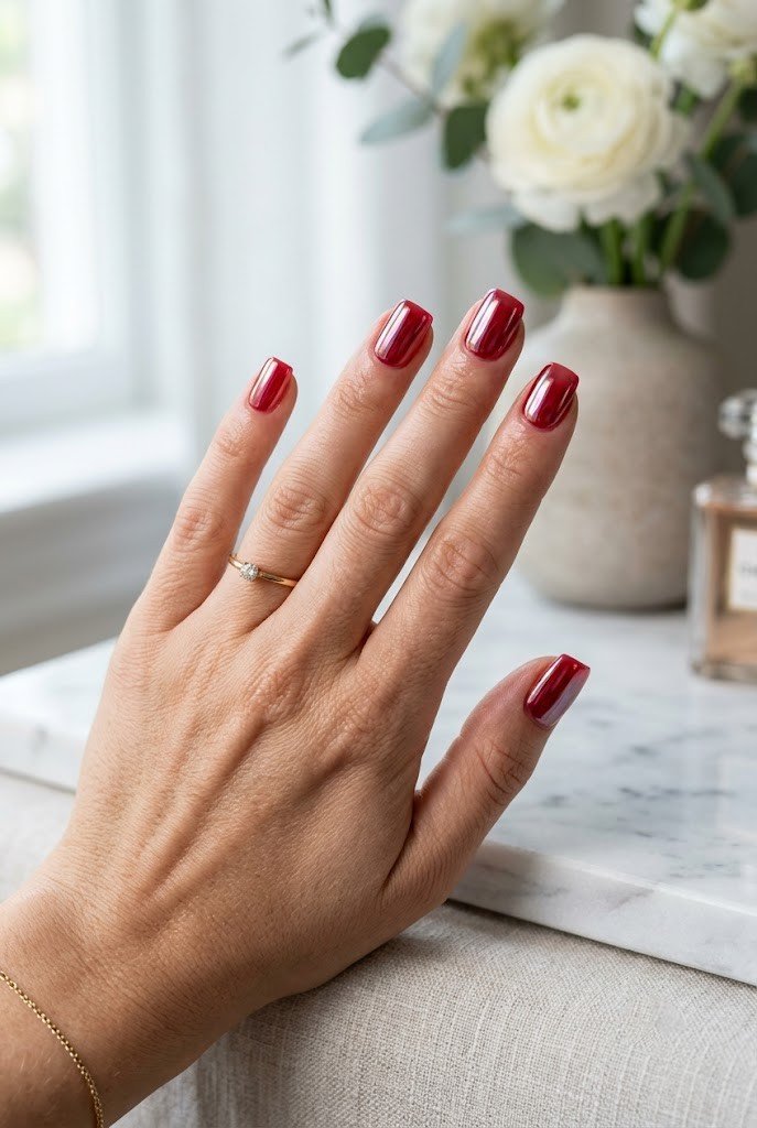 Chrome jelly cherry red nails