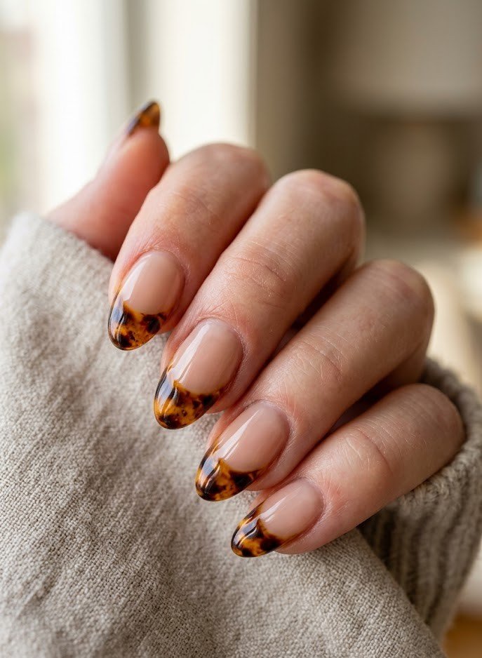 Chunky deep tortoiseshell French tips on short almond nails