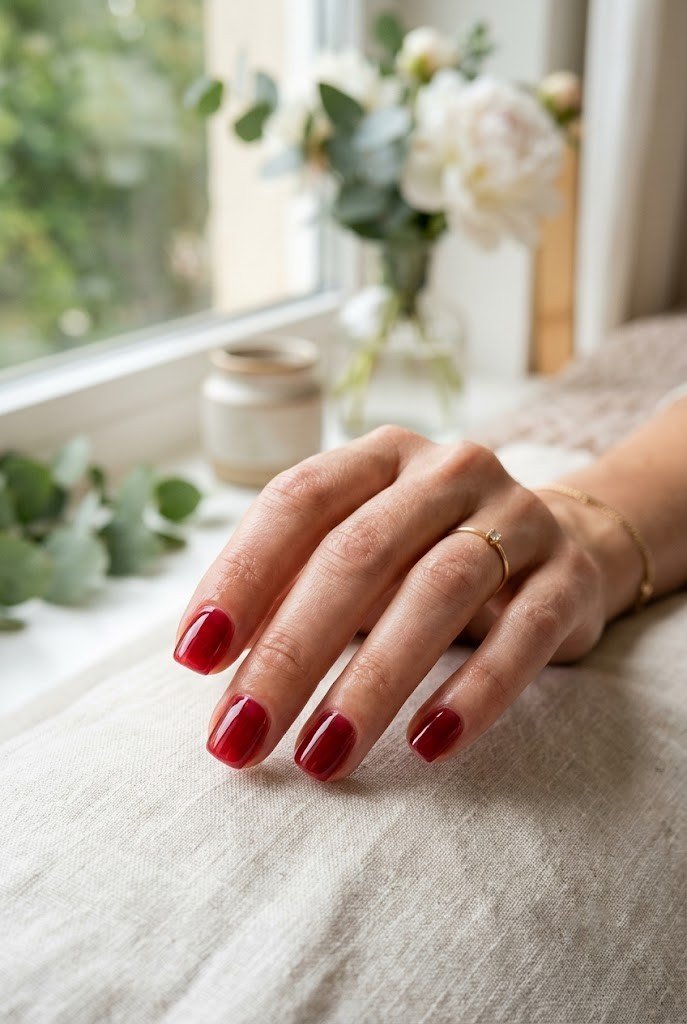 Classic jelly cherry red nails on short square nails