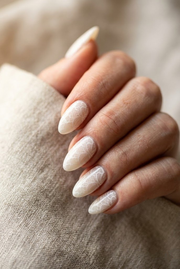 Almond nails in milky off-white with sheer white lace pattern, 2026 Cloud Dancer lace manicure