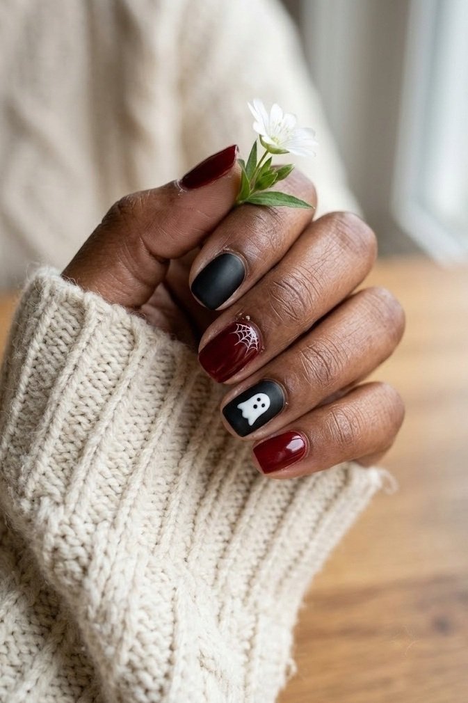Short coordinated Halloween set with oxblood, matte black, a tiny ghost and a cobweb across different nails