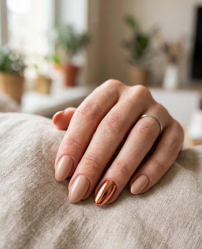 Glossy nude short almond nails with one copper chrome accent