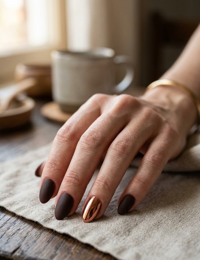 Short almond nails, matte espresso with one glossy copper chrome accent
