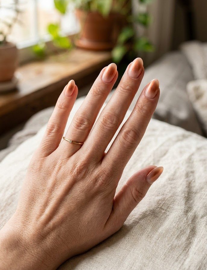 Short almond nails with a soft copper aura glow