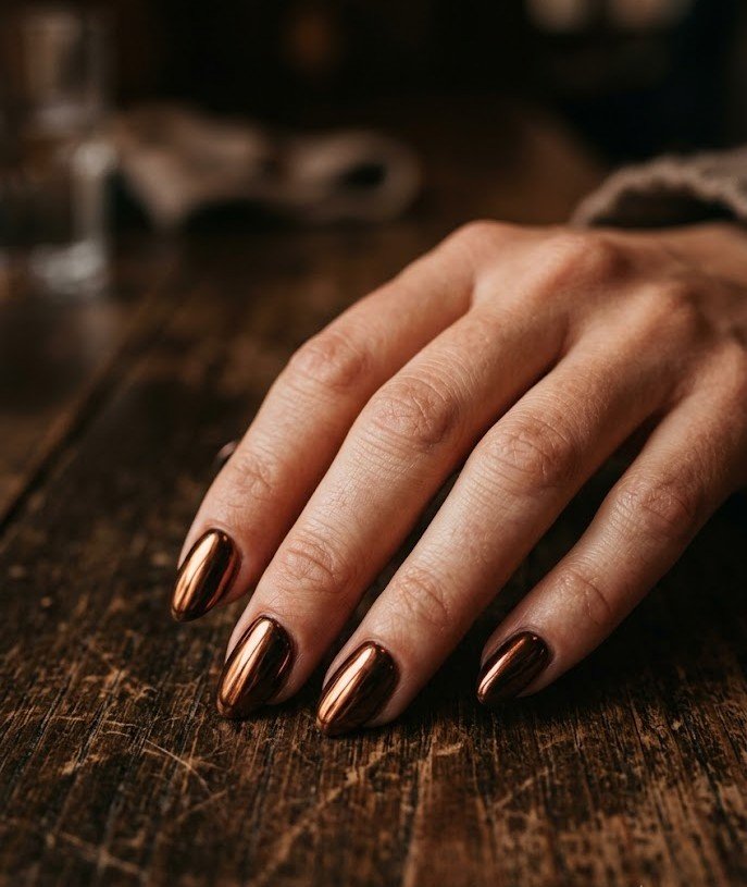Short almond nails in molten copper chrome over a dark espresso base