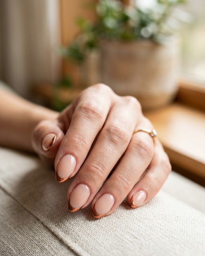 Short almond nails with thin copper chrome French tips