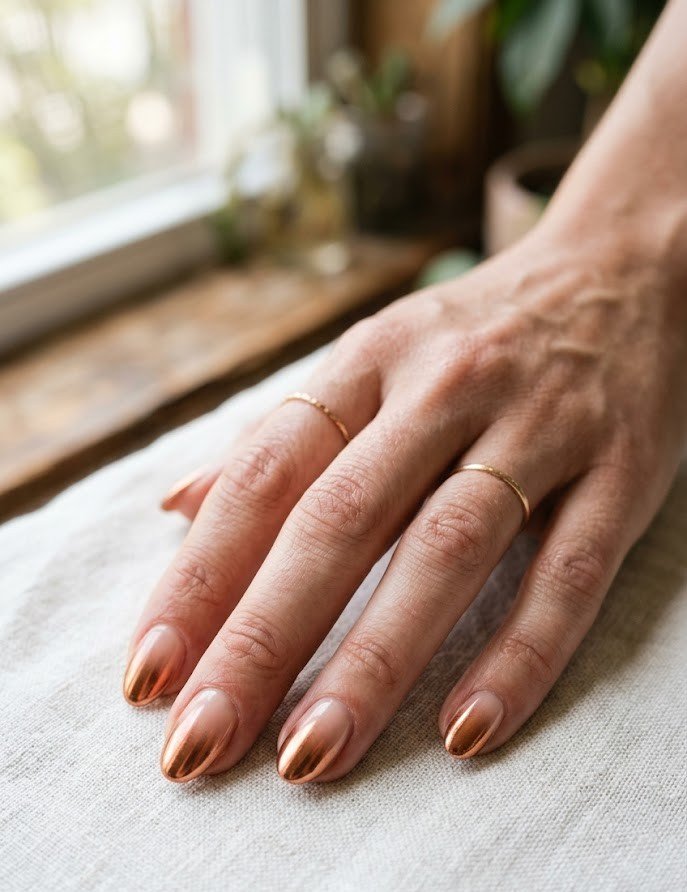 Short almond nails with a nude-to-copper chrome ombre