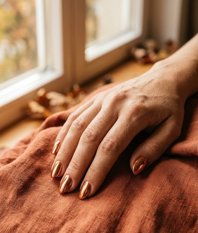 Short almond nails in full copper chrome mirror finish