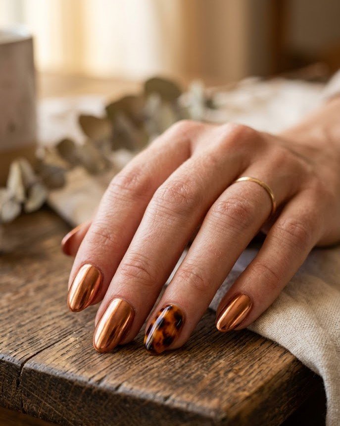 Short almond copper chrome nails with a tortoiseshell accent nail