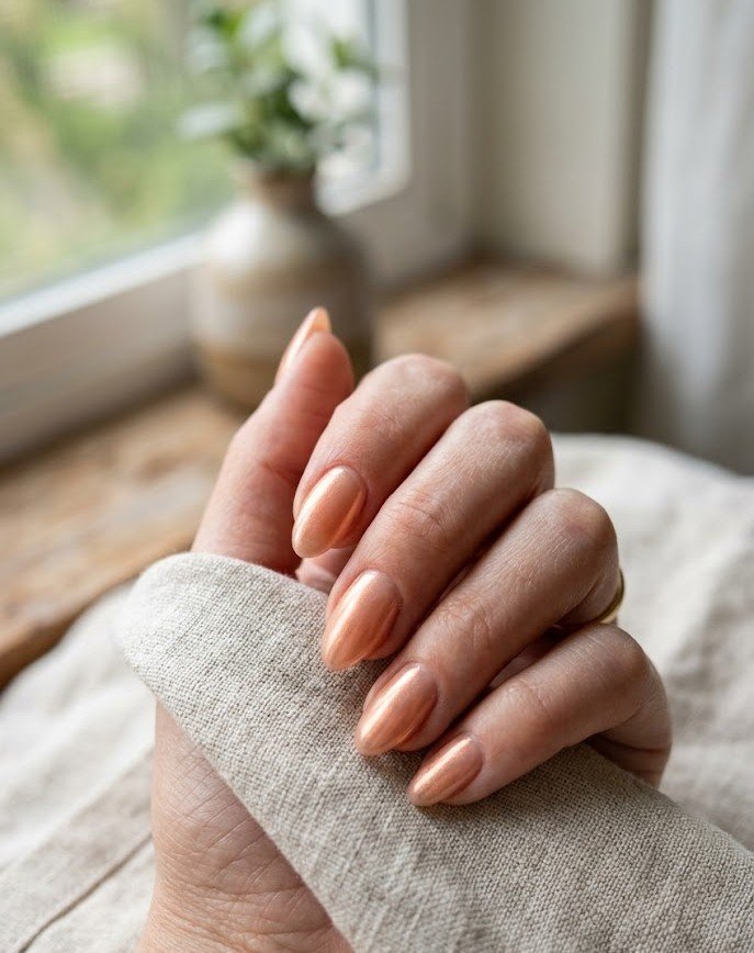Short almond nails with a sheer copper chrome glaze over nude