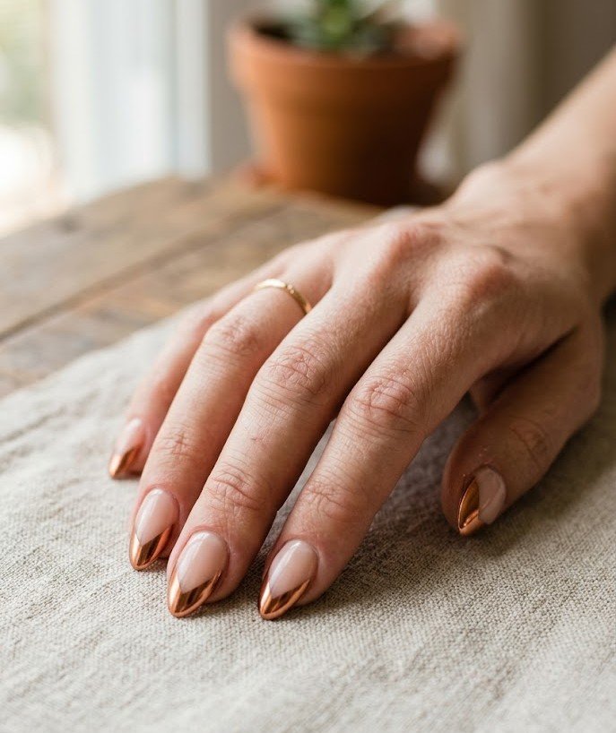 Short almond nails with an angled copper chrome V-tip