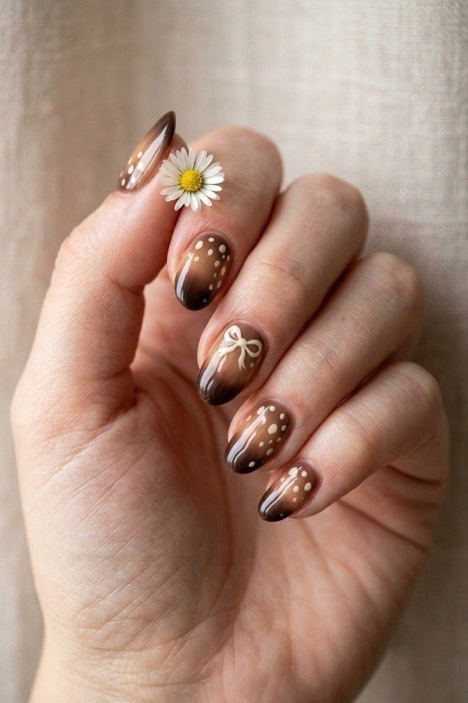 Coquette chocolate fawn nails with a tiny cream bow on the middle nail, macro close-up