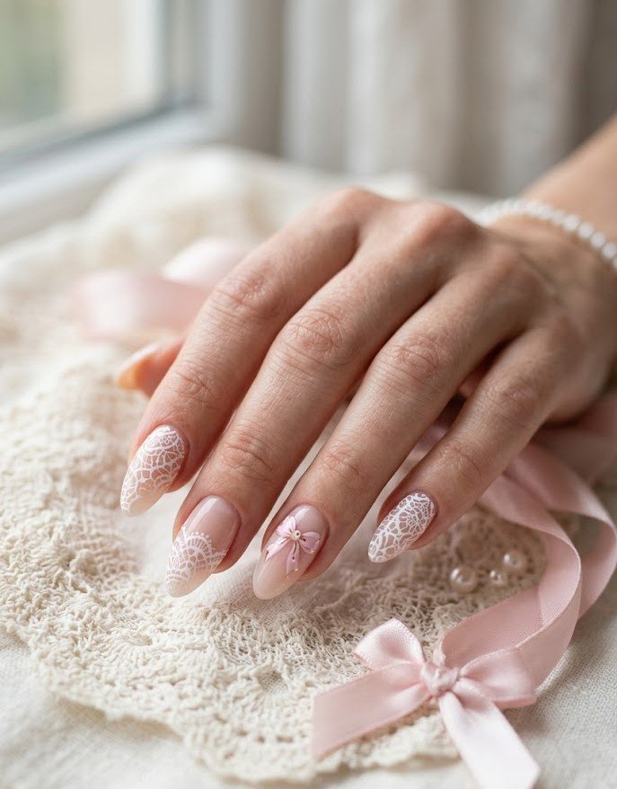 Coquette bow and doily nail art in pink and cream