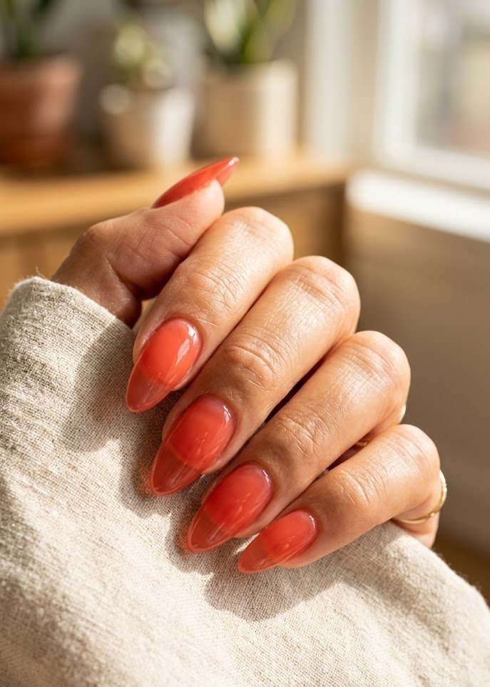 Juicy coral persimmon jelly nails on long almond shape
