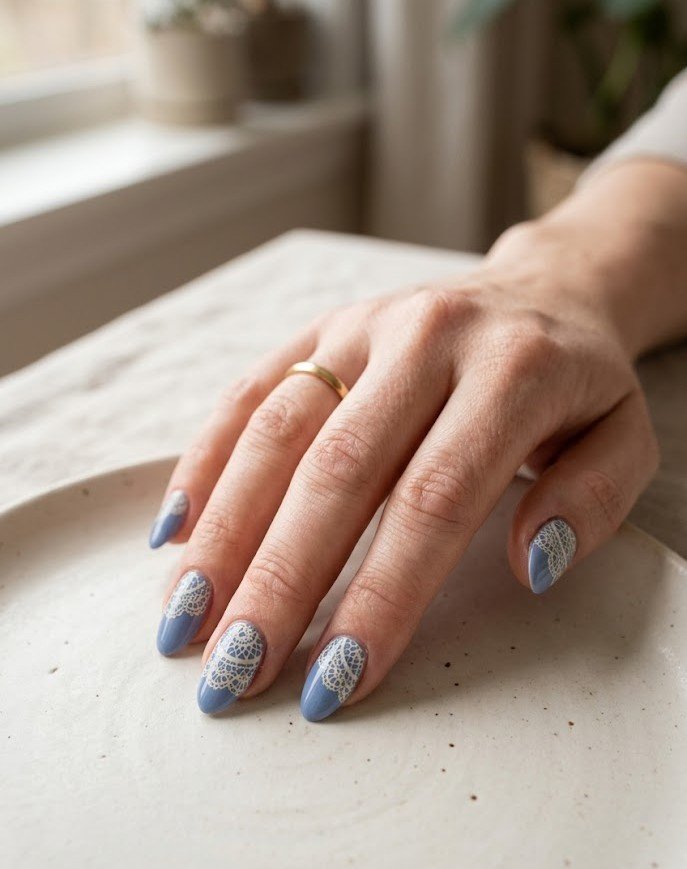 Dusty cornflower blue nails with cream doily pattern