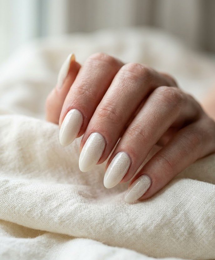 Tonal cream-on-cream doily nails, subtle quiet luxury