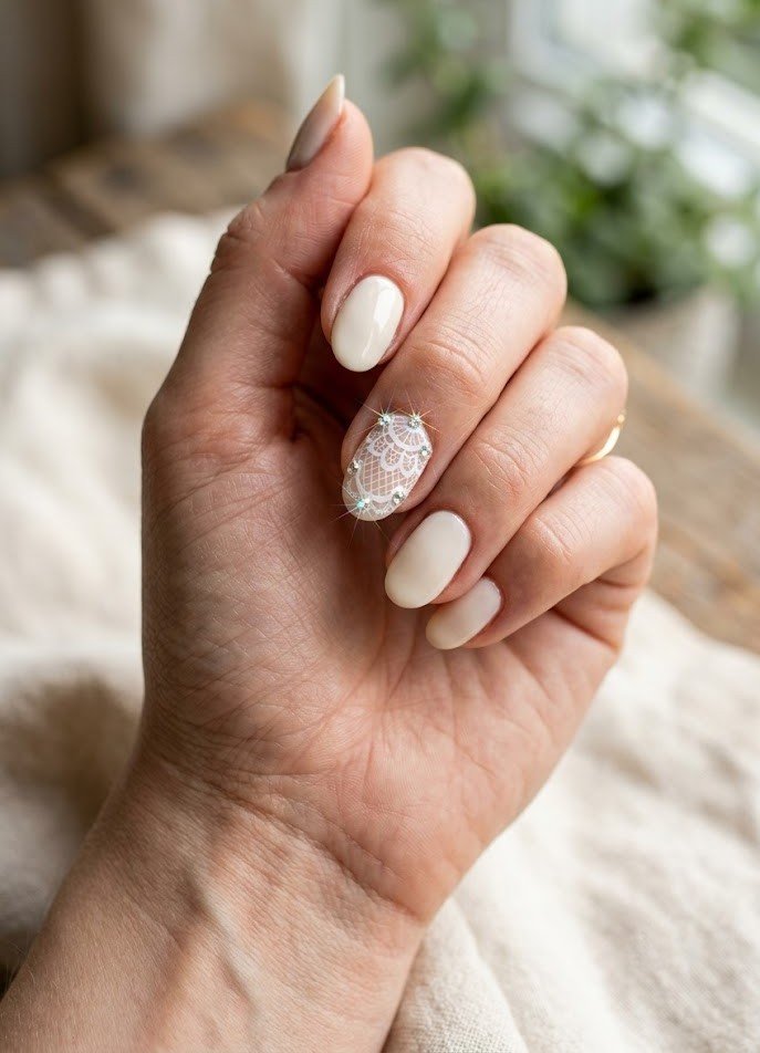 Doily nails with tiny crystals at the scalloped edge