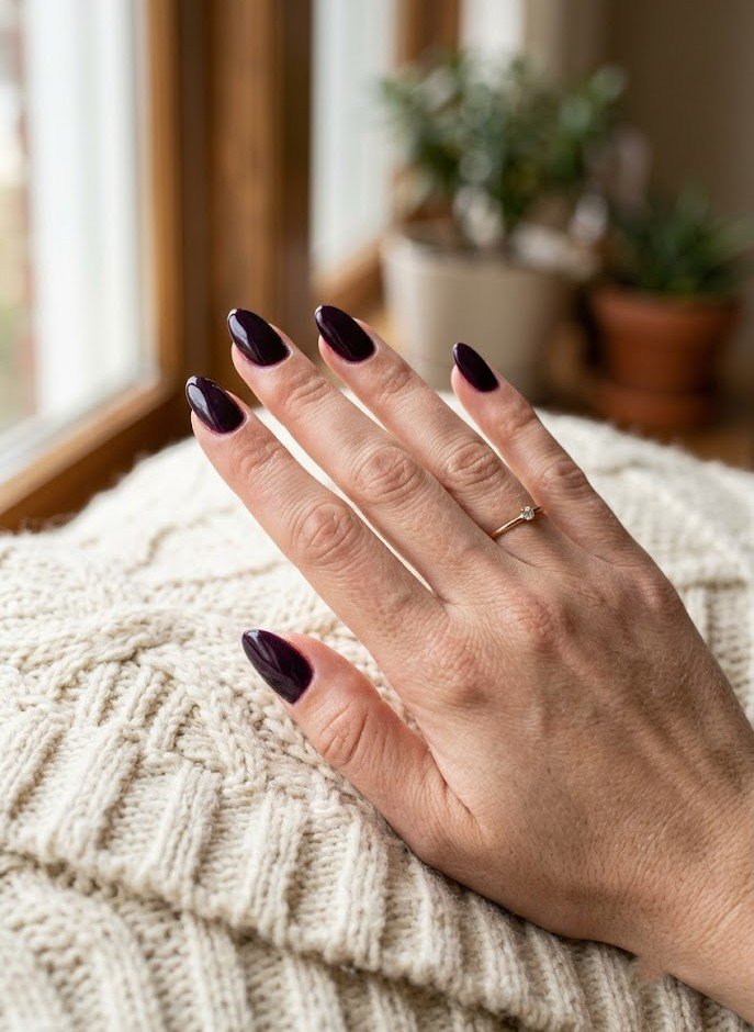 Glossy dark plum almond nails resting on a cream knit sweater