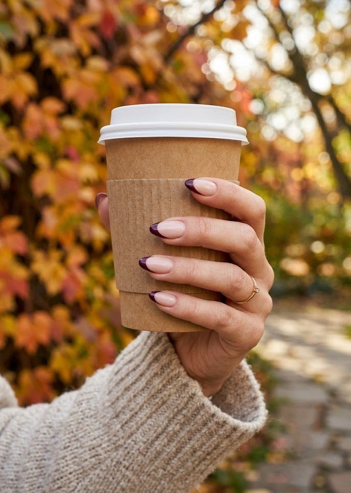 Dark plum French tips on nude almond nails