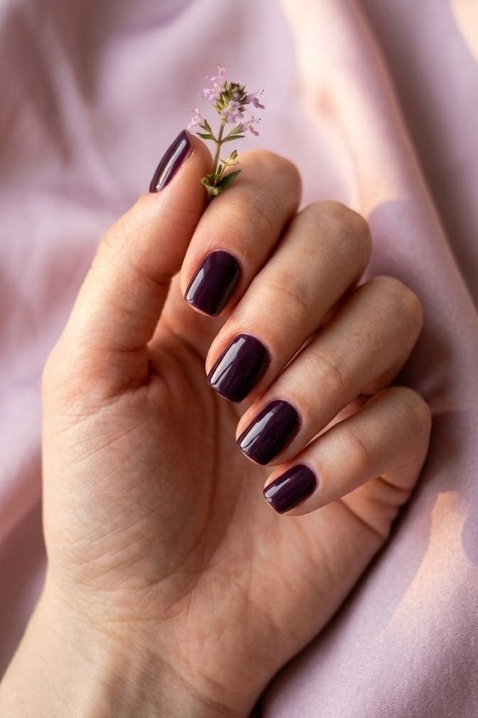 Short uniform glossy deep violet plum nails with no art