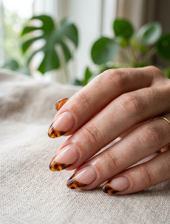 Diagonal tortoiseshell French tips on short almond nails