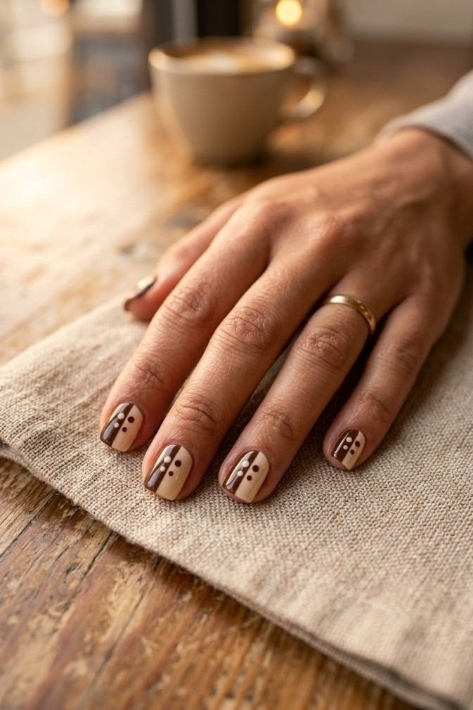 Duo-tone chocolate and cream split nails with fawn spots crossing the line on short square nails