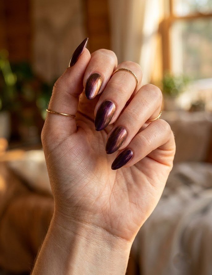 Duochrome plum to bronze shift on almond nails