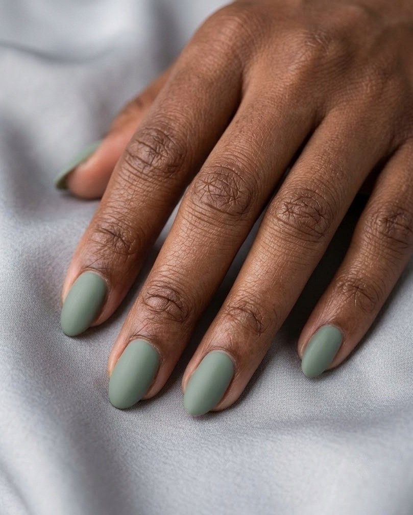 Short almond nails in matte dusty sage green on a deep skin tone hand